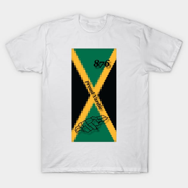 Jamaica Flag Design with Words Proud Yardie and Jamaican Map Outline and Area Code T-Shirt by Soca-Mode